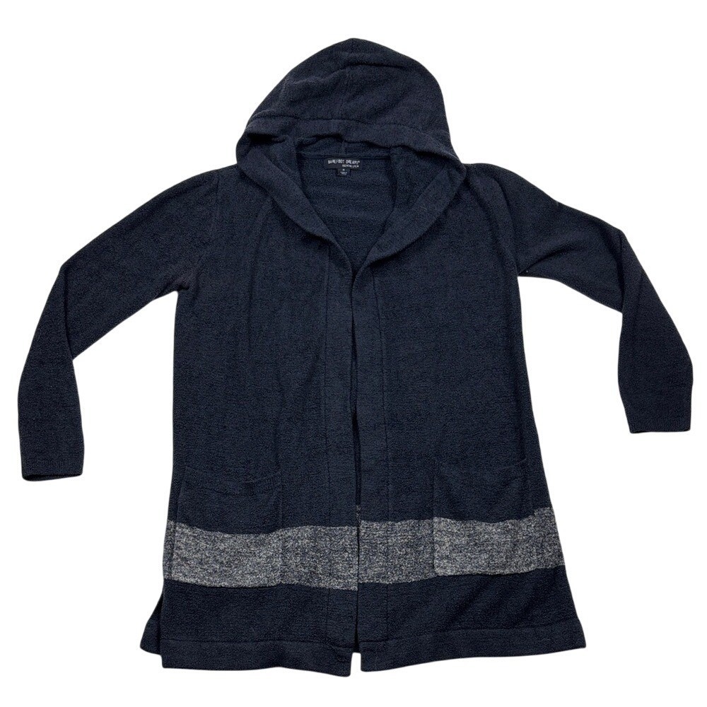 Barefoot Dreams CozyChic Lite Hooded Cardigan Navy Blue Grey Stripe Medium